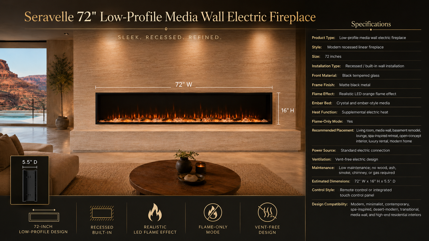 72" Low-Profile Media Wall Electric Fireplace