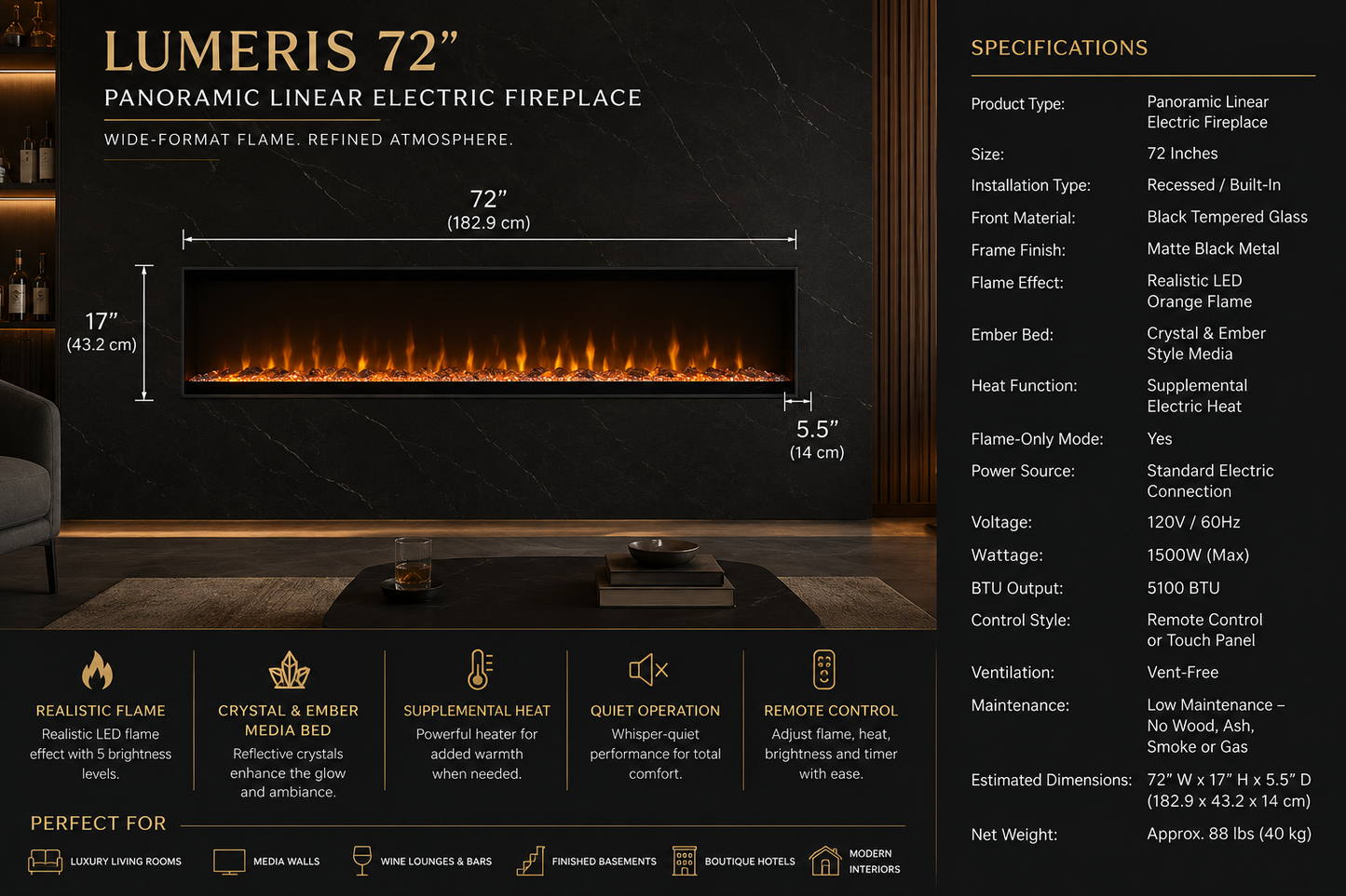 72" Panoramic Linear Electric Fireplace
