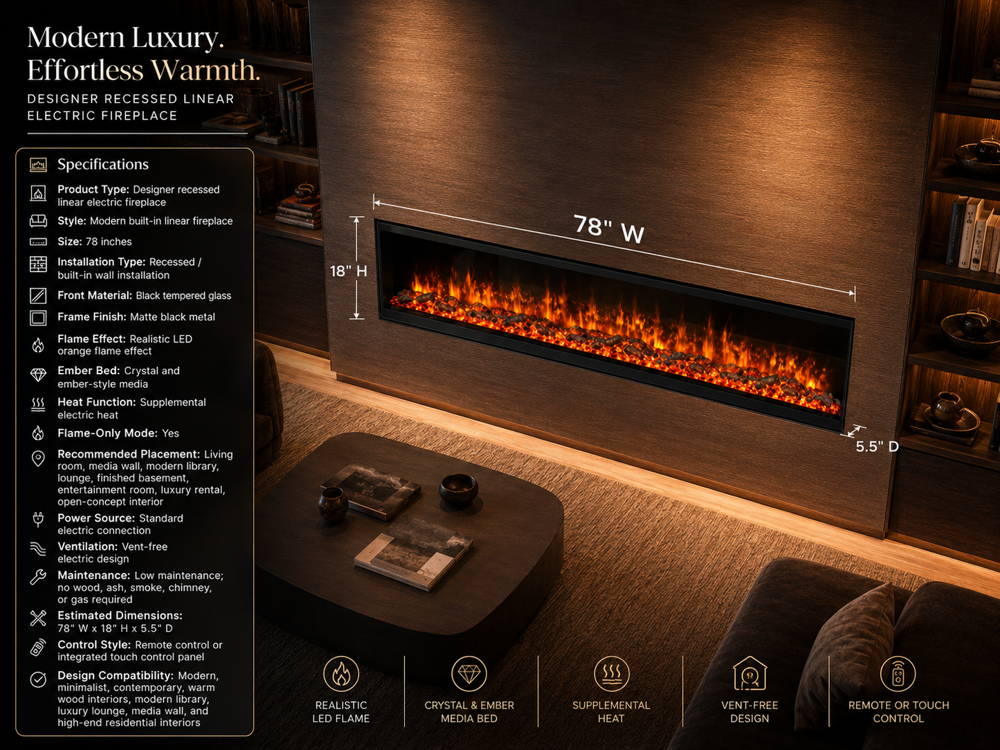 78" Designer Recessed Linear Electric Fireplace