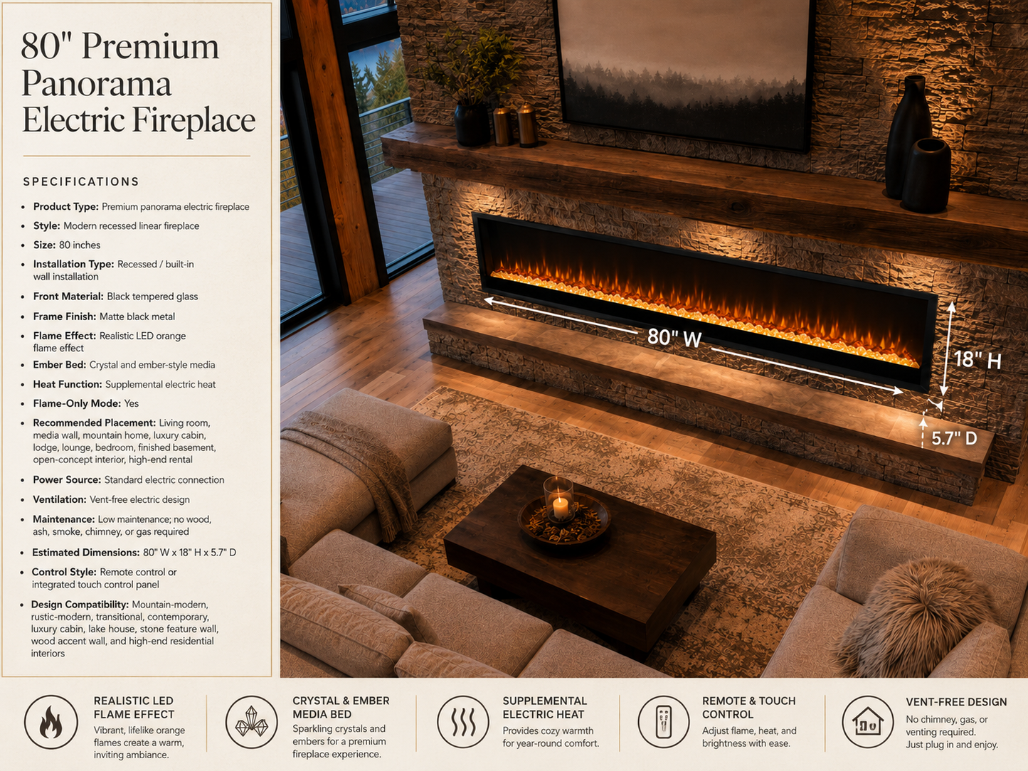 80" Premium Panorama Electric Fireplace