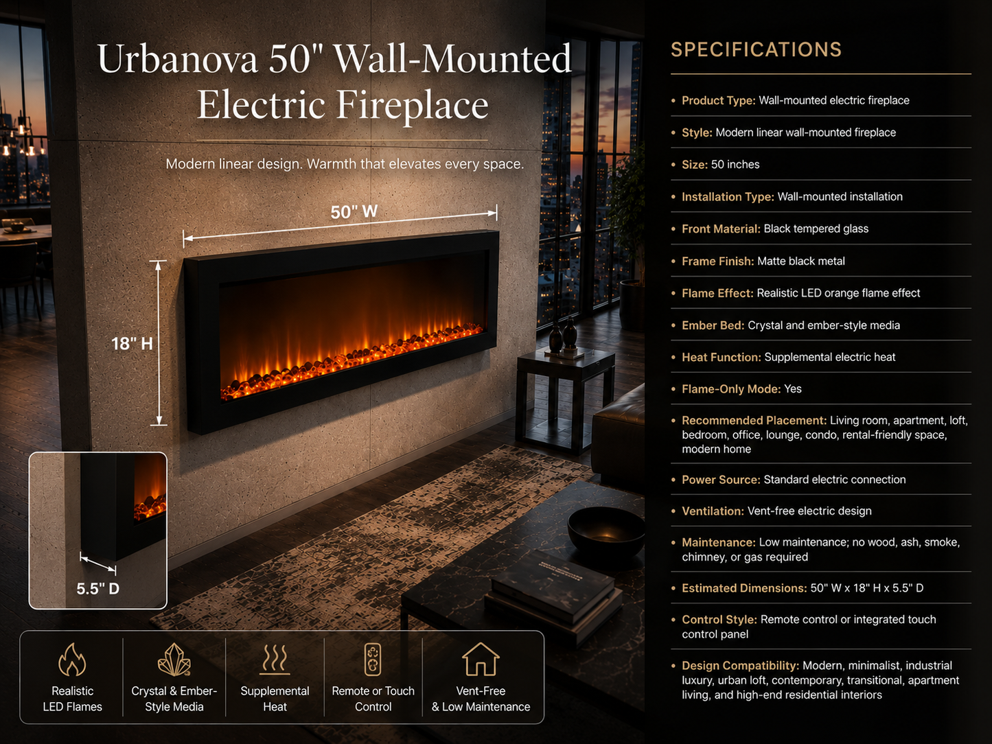 50" Wall-Mounted Electric Fireplace