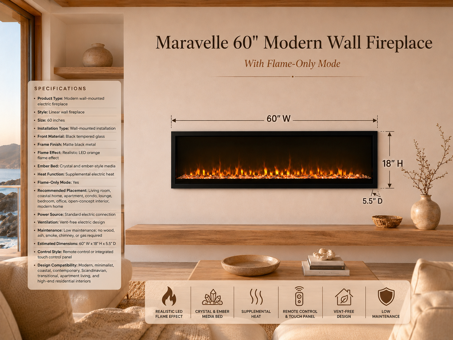 60" Modern Wall Fireplace with Flame-Only Mode