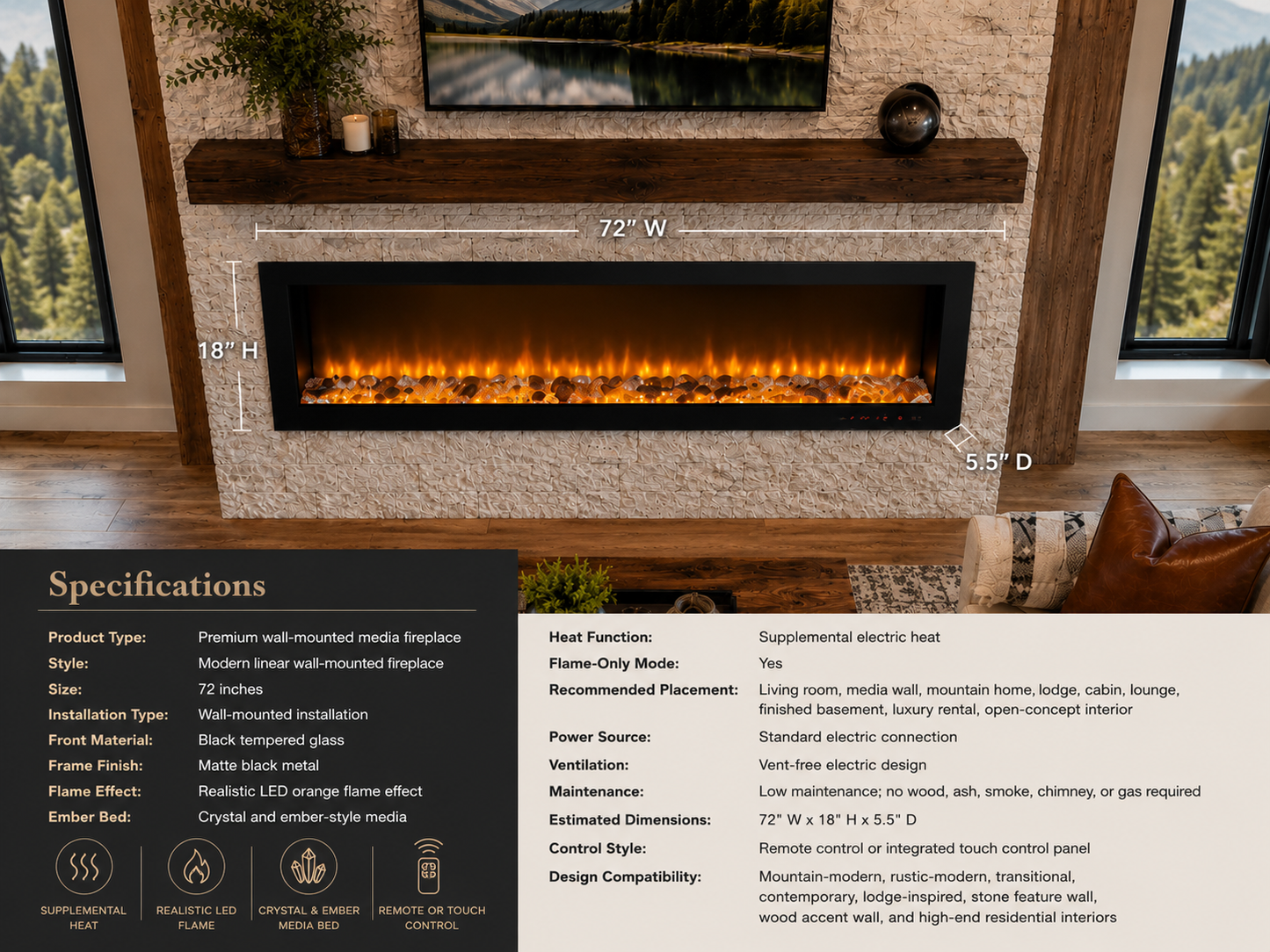 72" Premium Wall-Mounted Media Fireplace