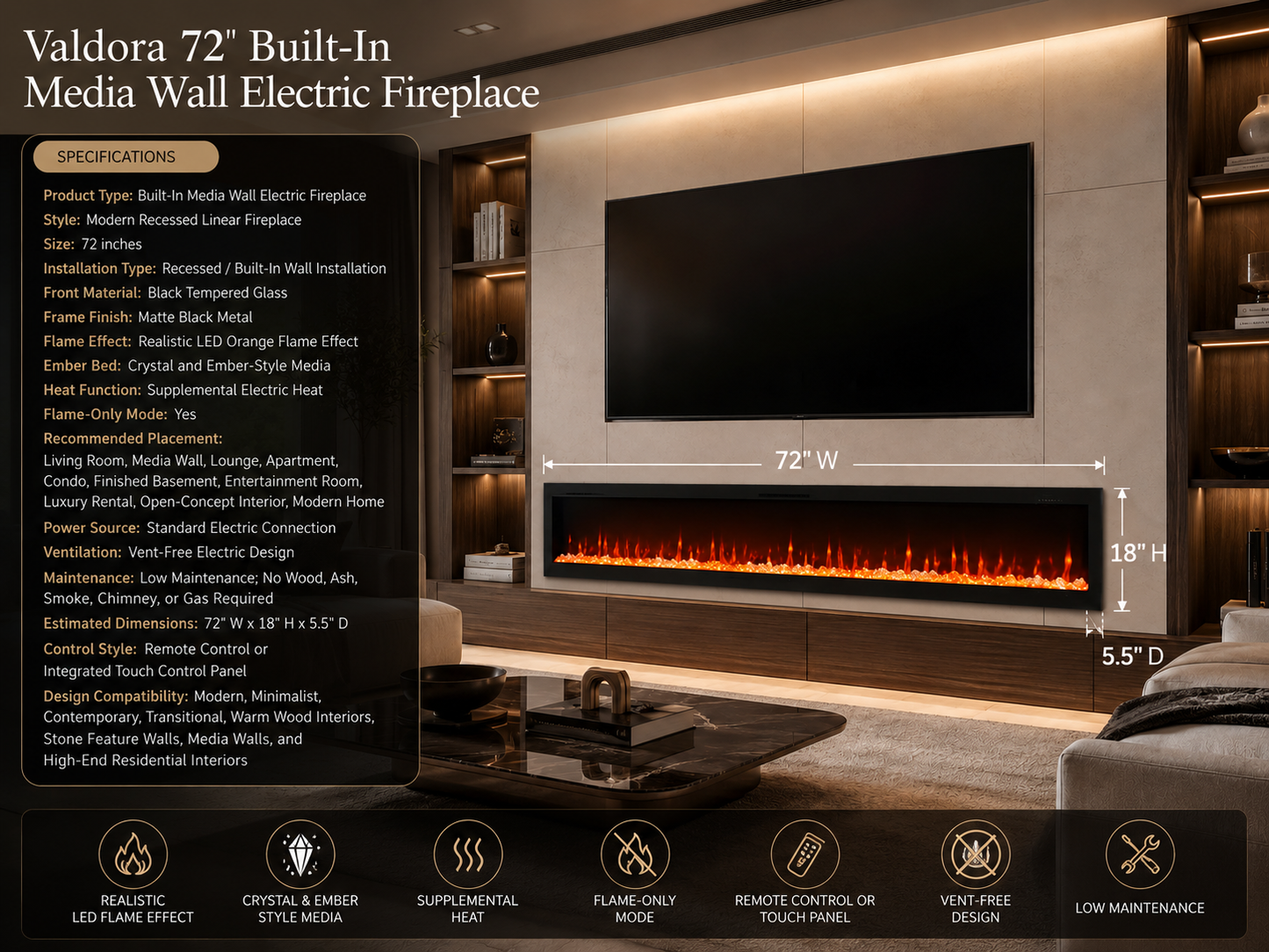 72" Built-In Media Wall Electric Fireplace