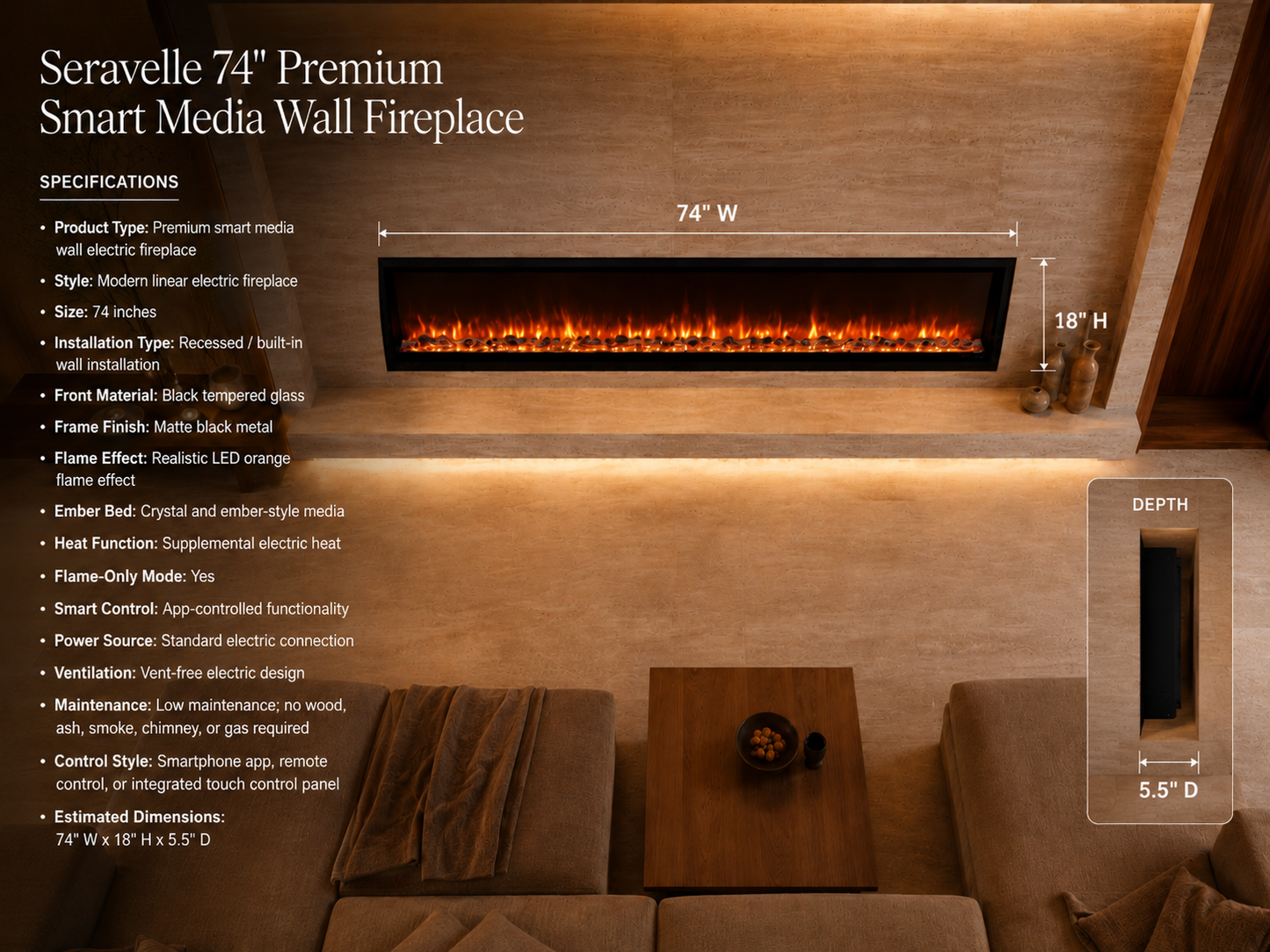 74" Premium Smart Media Wall Fireplace