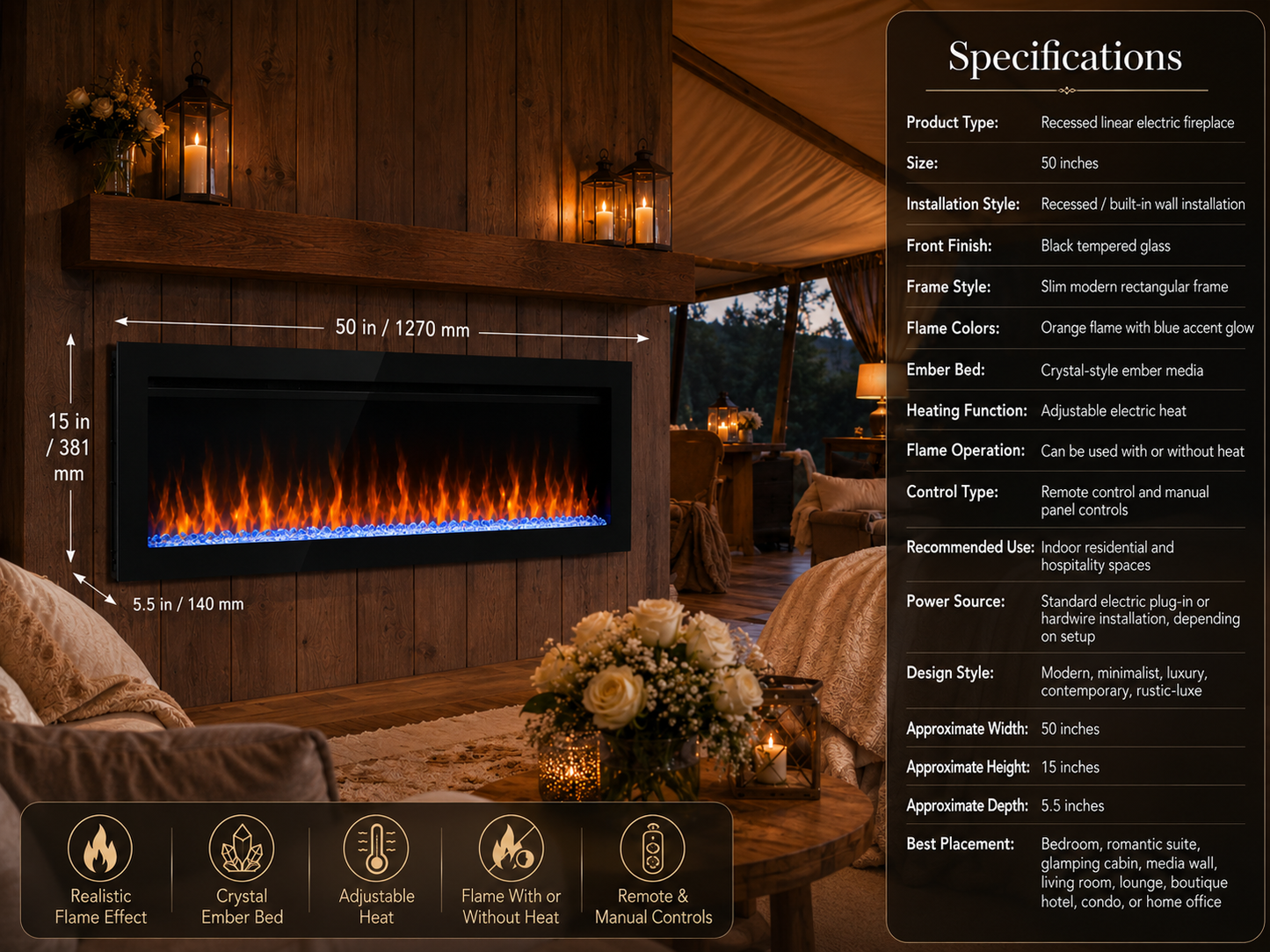 50" Black Glass Recessed Electric Fireplace