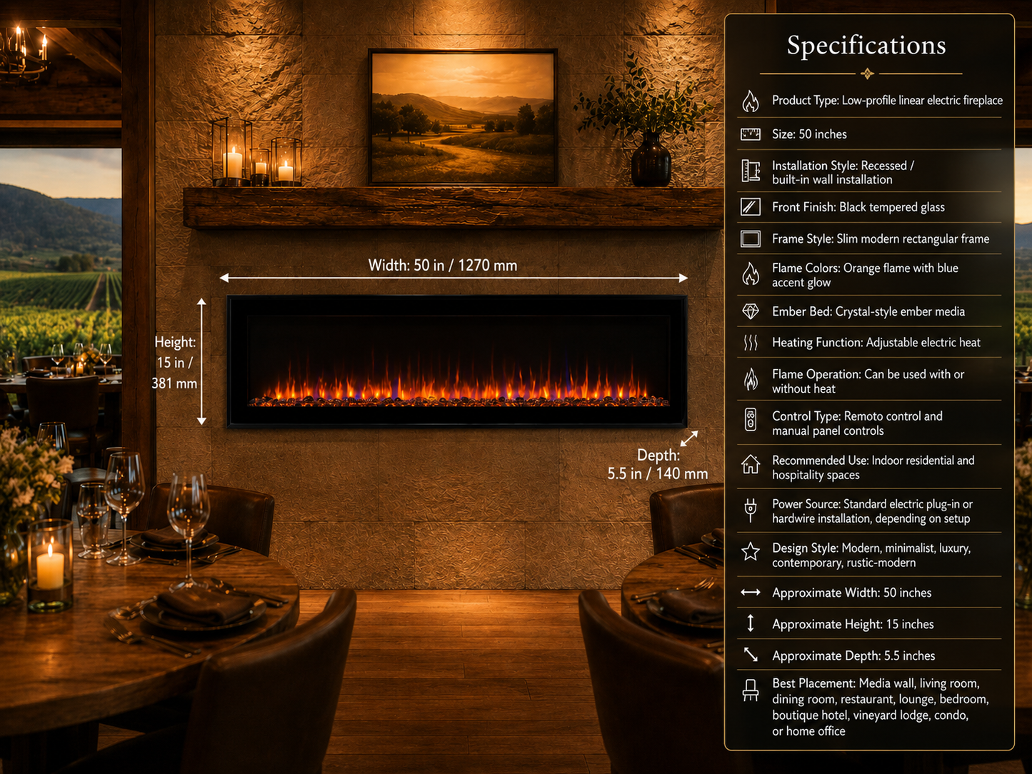 50" Low-Profile Linear Fireplace for Media Walls