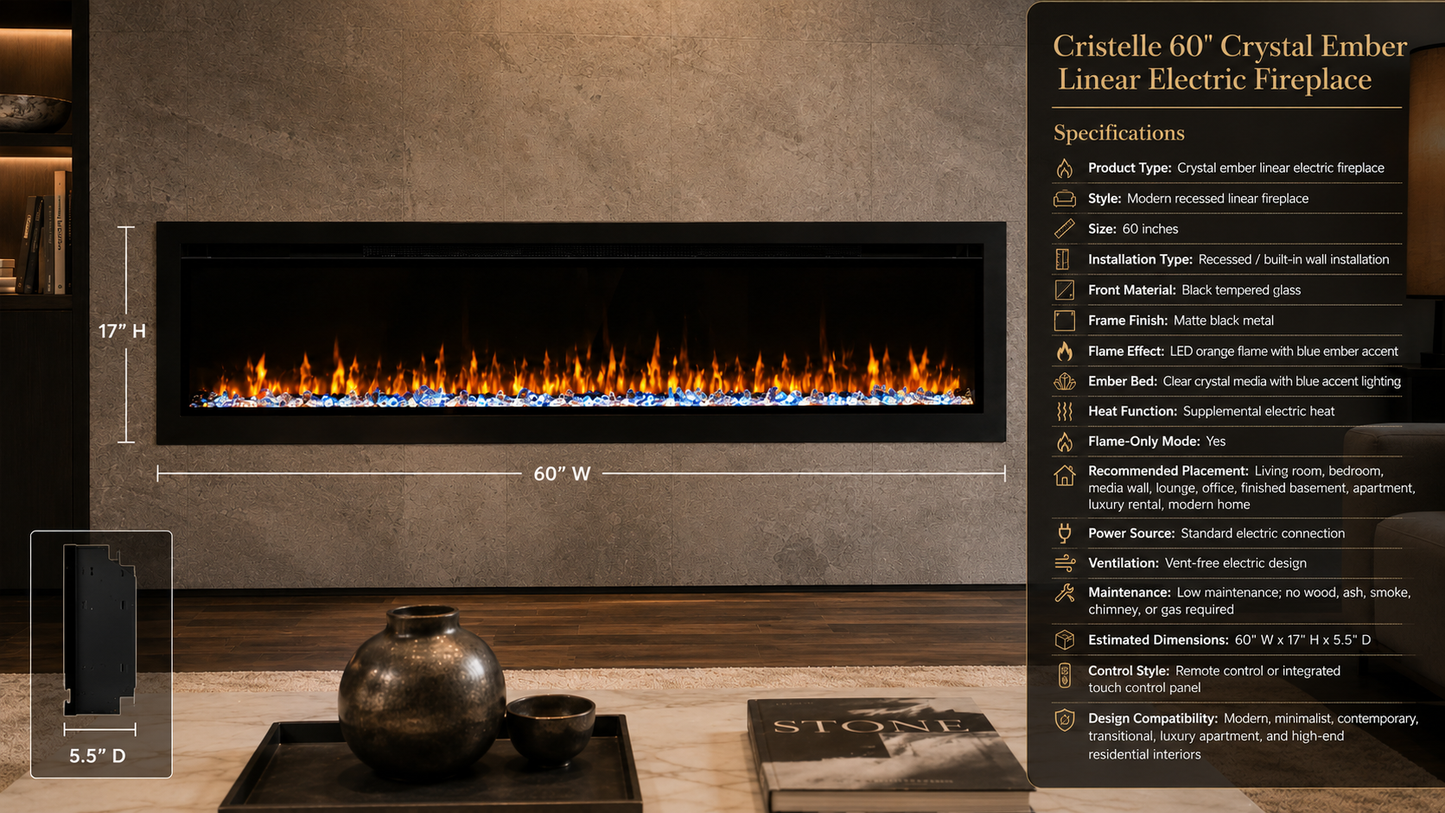 60" Crystal Ember Linear Electric Fireplace
