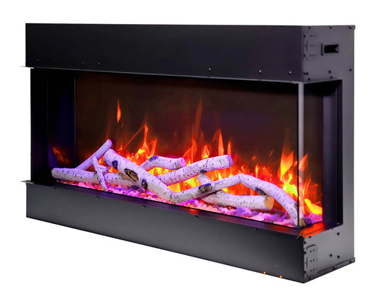 Remii Bay Slim 60-inch three-sided fireplace with birch log media