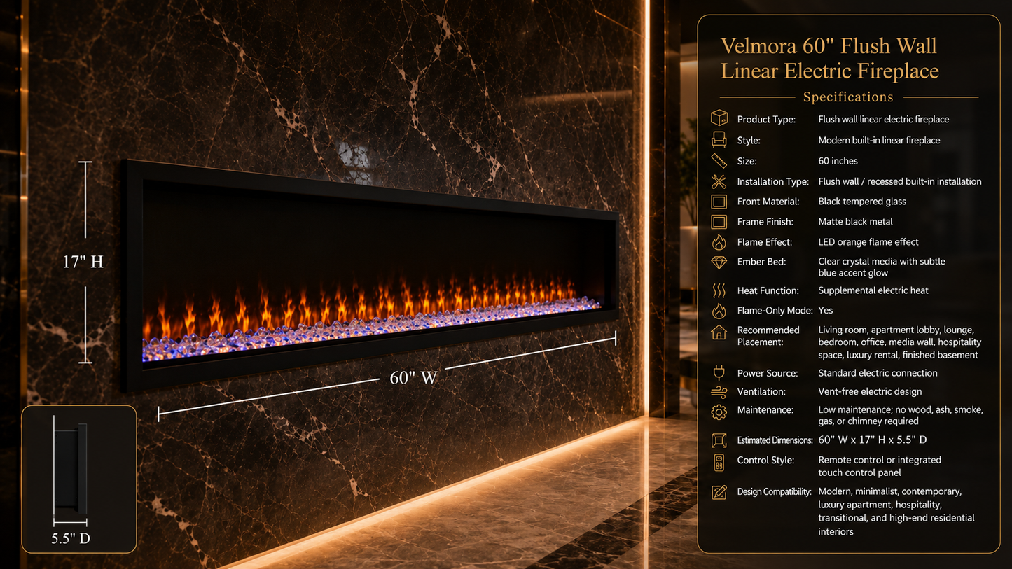 60" Flush Wall Linear Electric Fireplace