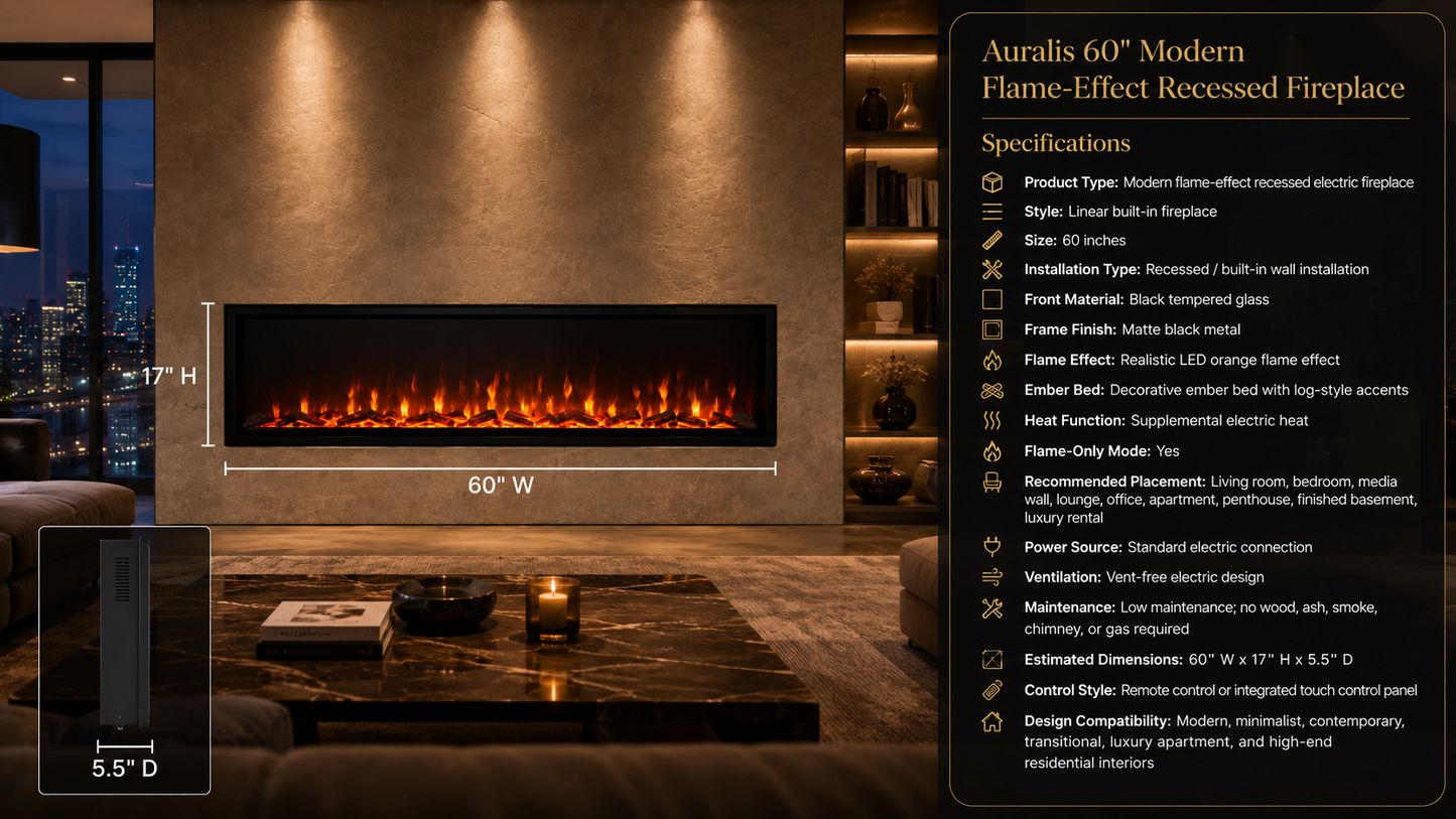 60" Modern Flame-Effect Recessed Fireplace