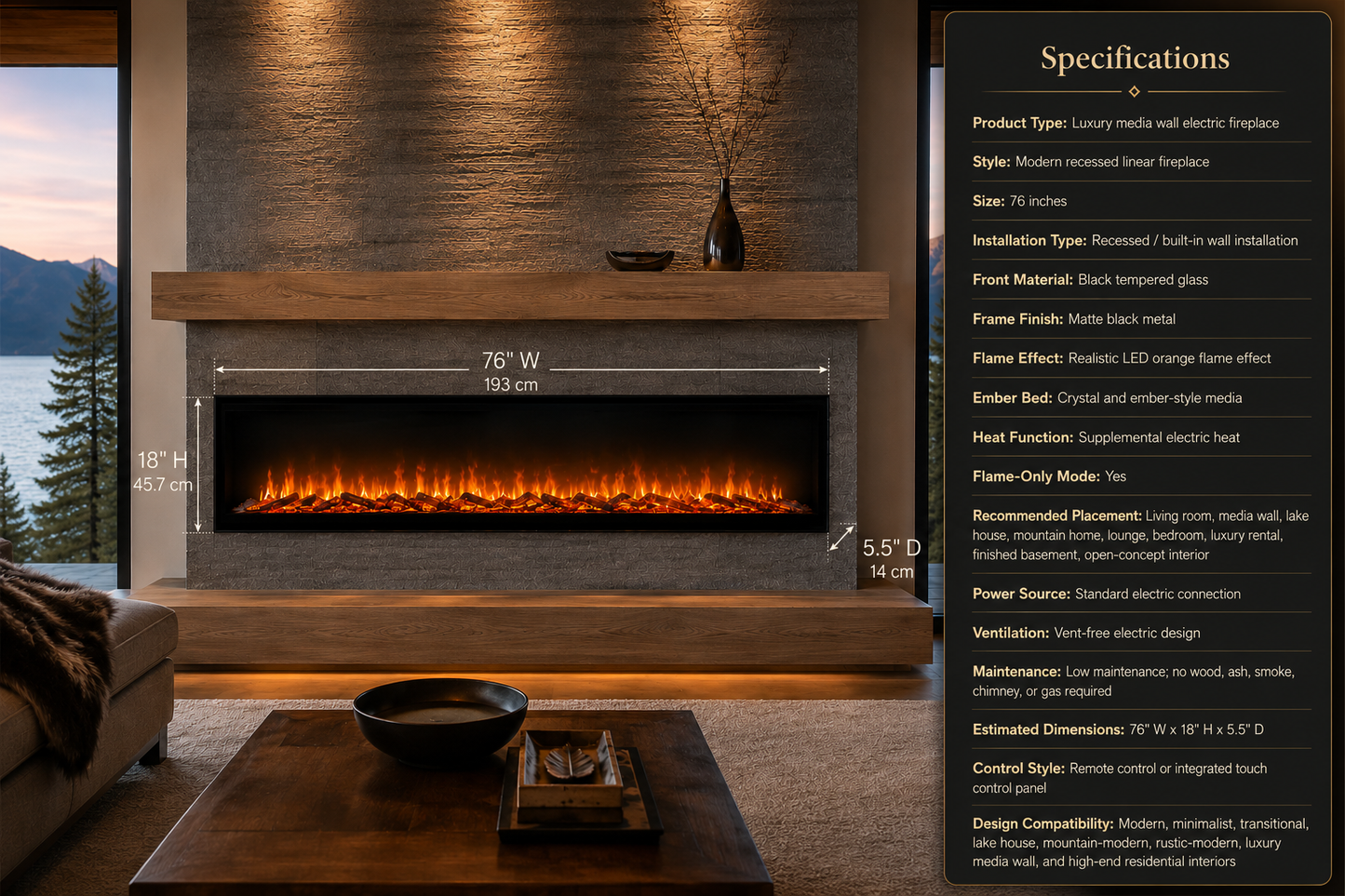 76" Luxury Media Wall Electric Fireplace