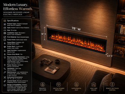 78" Designer Recessed Linear Electric Fireplace