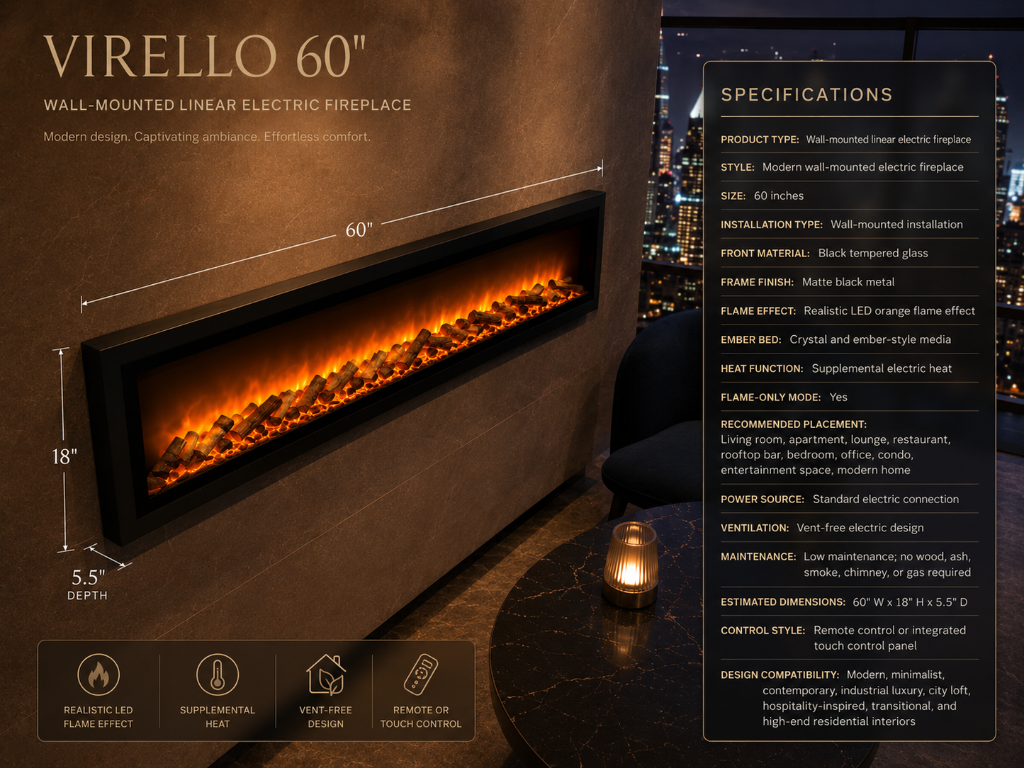 60" Wall-Mounted Linear Electric Fireplace