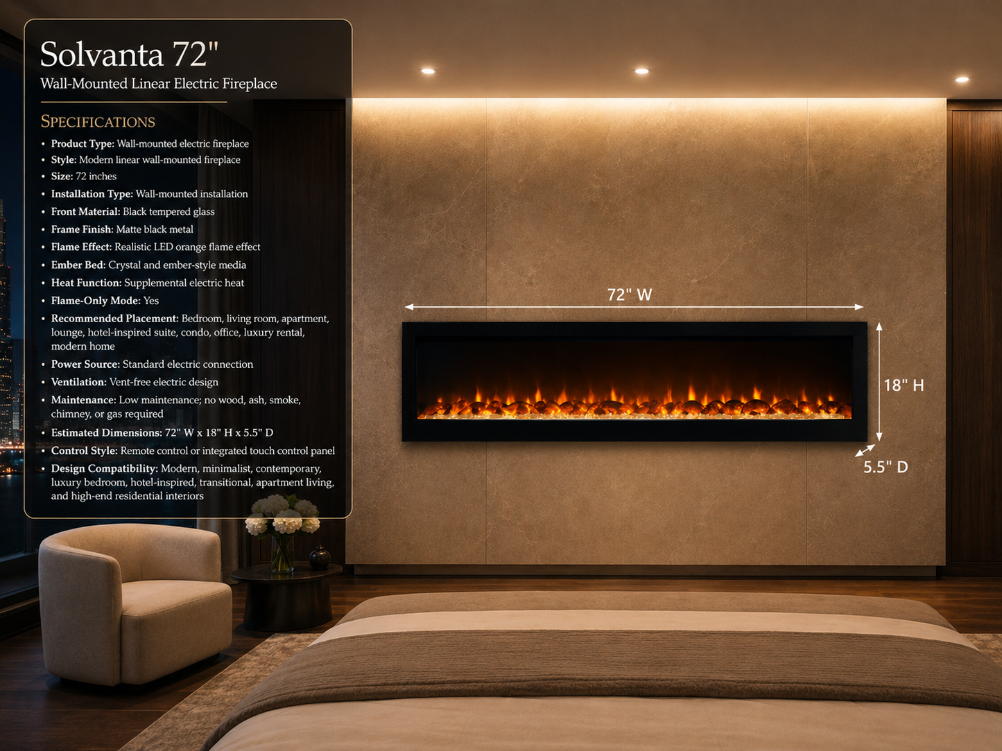 72" Wall-Mounted Linear Electric Fireplace