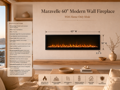 60" Modern Wall Fireplace with Flame-Only Mode