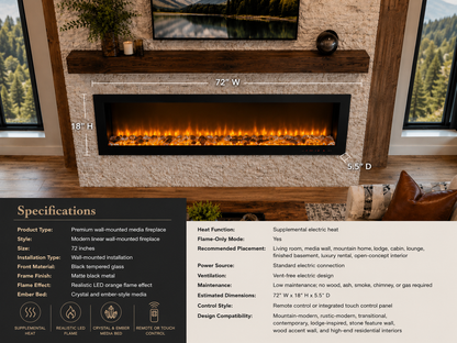 72" Premium Wall-Mounted Media Fireplace