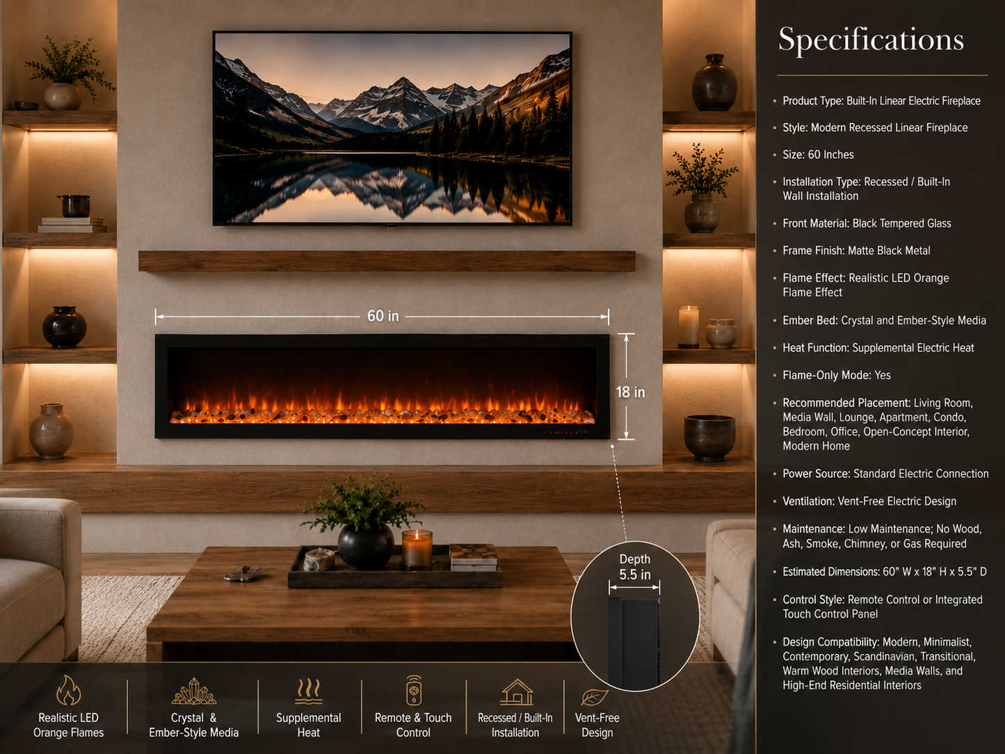 60" Built-In Linear Electric Fireplace
