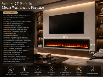72" Built-In Media Wall Electric Fireplace
