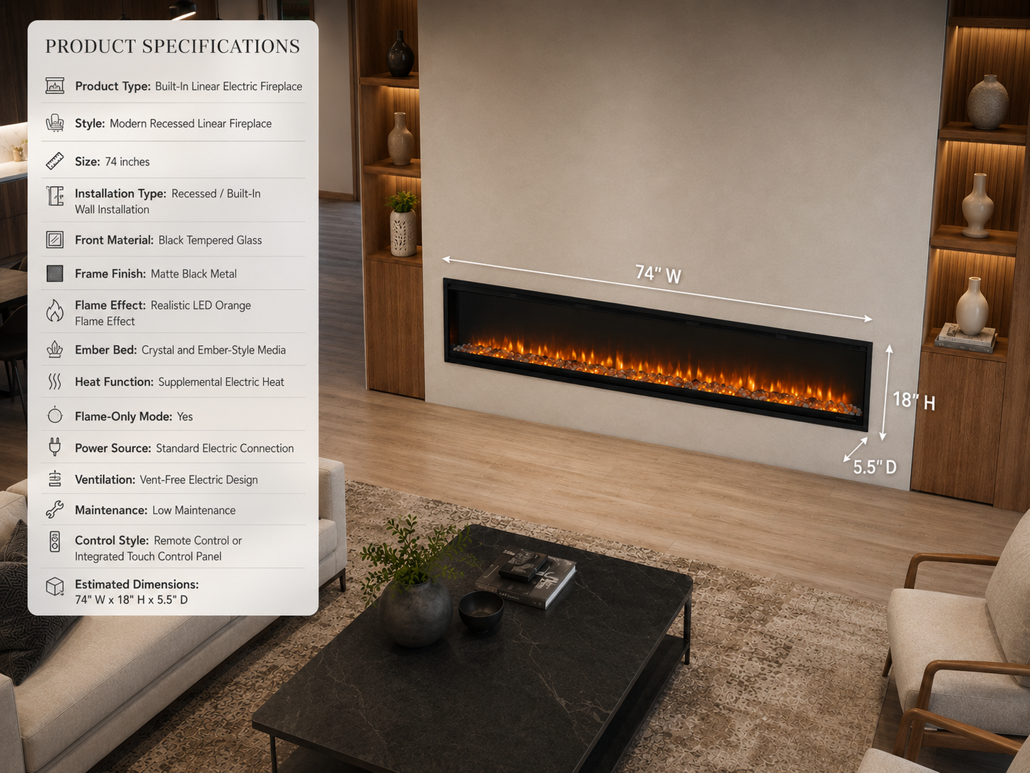 74" Built-In Linear Fireplace for Remodels