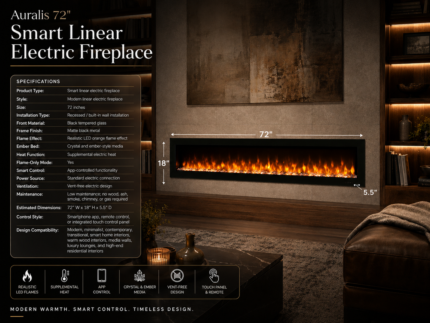 72" Smart Linear Electric Fireplace