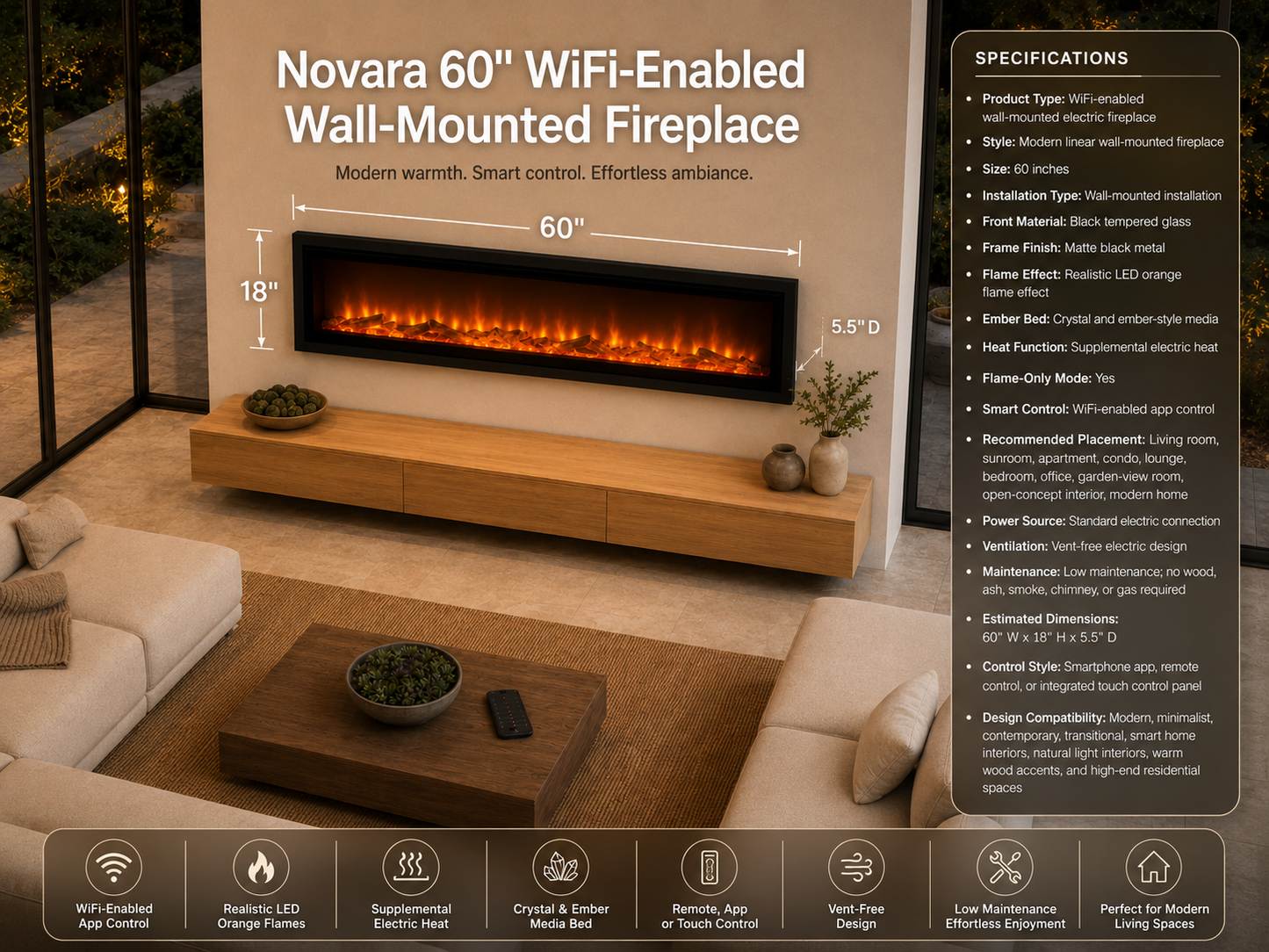 60" WiFi-Enabled Wall-Mounted Fireplace