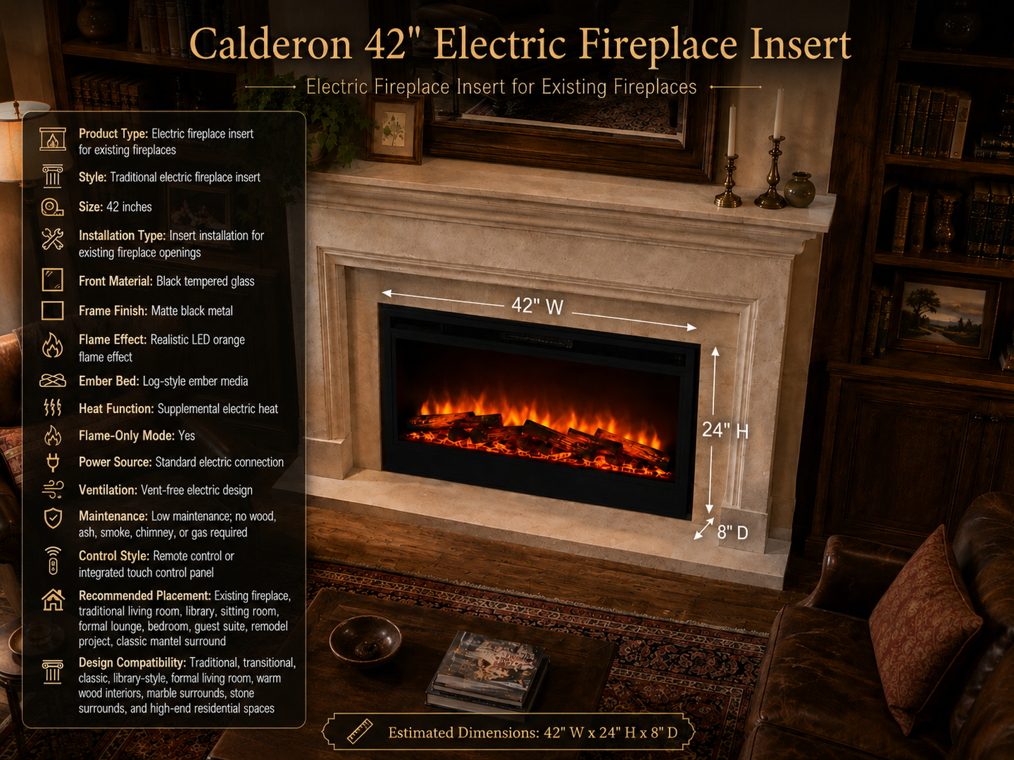 42" Electric Fireplace Insert for Existing Fireplaces