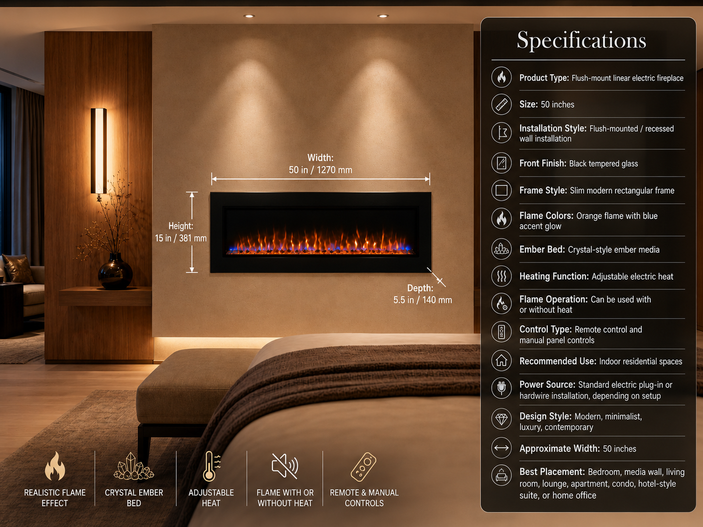 50" Flush-Mount Linear Electric Fireplace