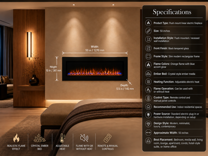 50" Flush-Mount Linear Electric Fireplace