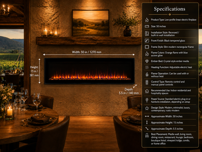 50" Low-Profile Linear Fireplace for Media Walls