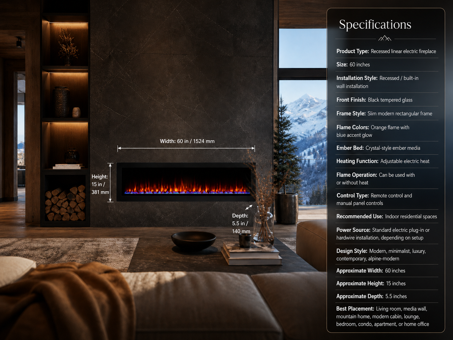 60" Recessed Linear Electric Fireplace