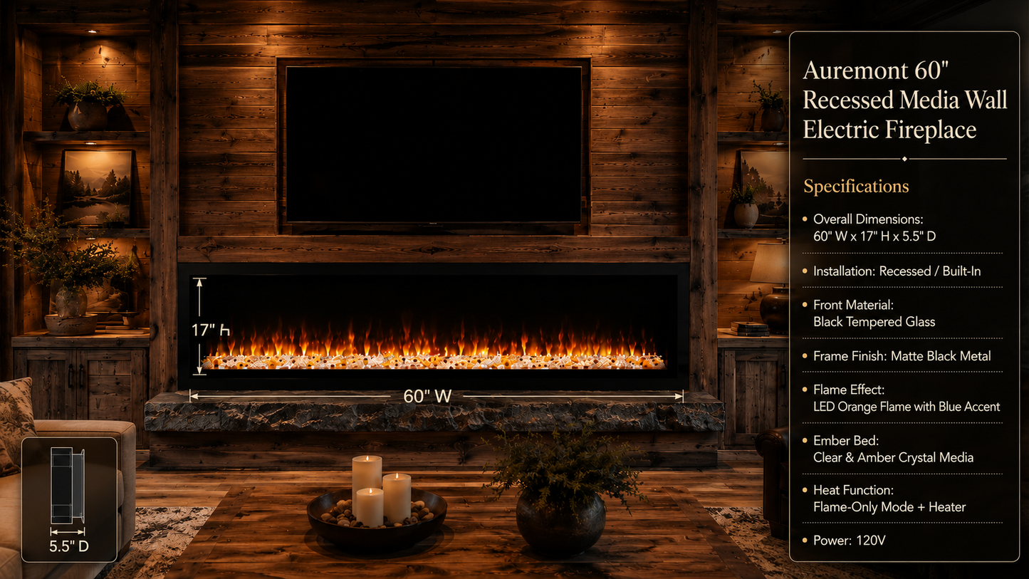 60" Recessed Media Wall Electric Fireplace