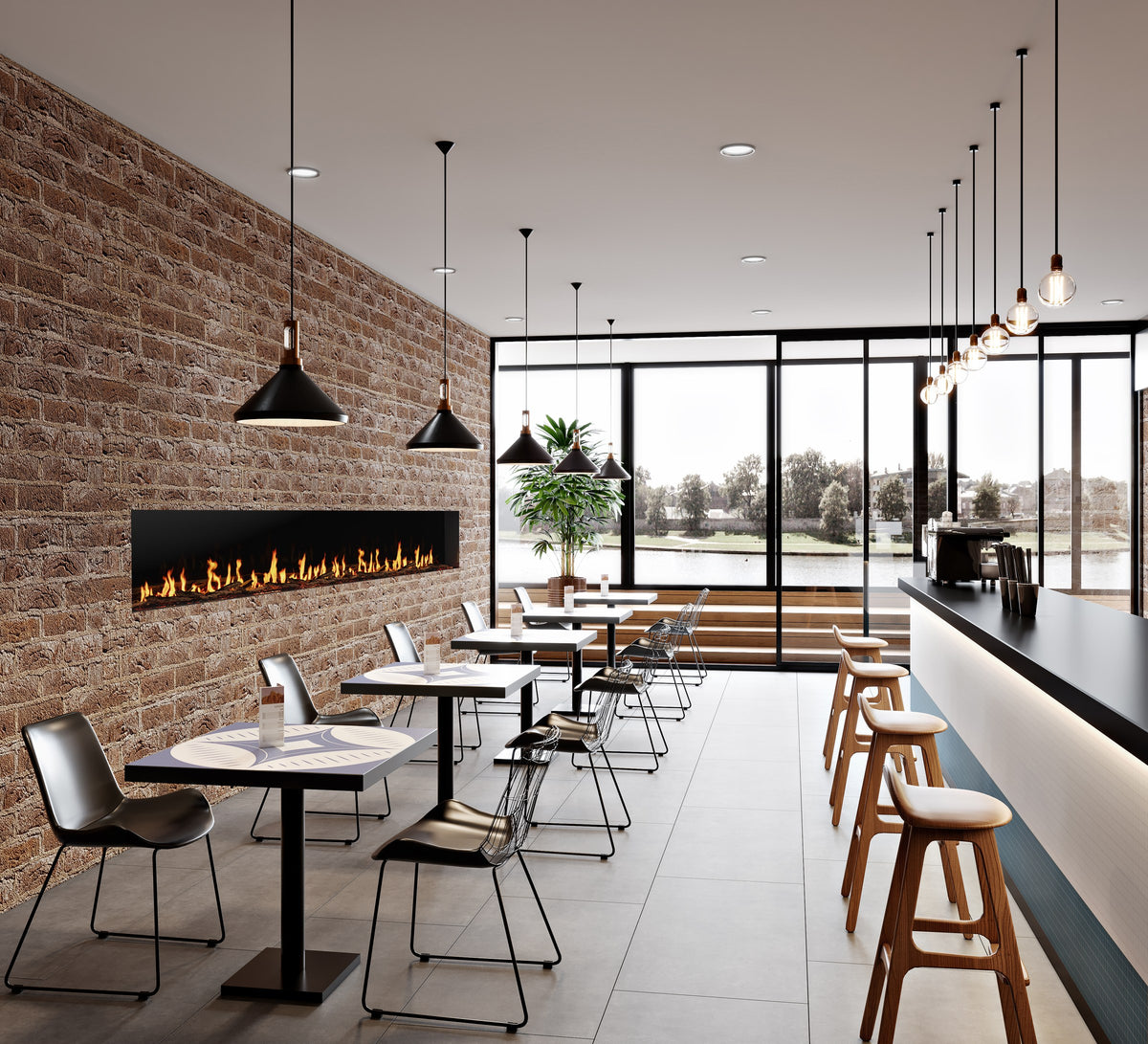 EcoSmart Fire Motion single-sided electric fireplace commercial installation inspiration