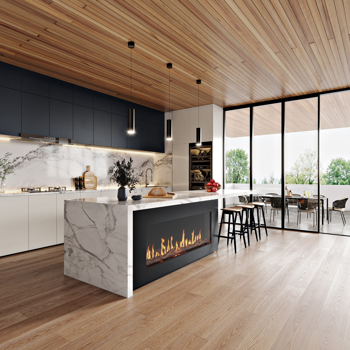 EcoSmart Fire Motion single-sided electric fireplace kitchen installation inspiration