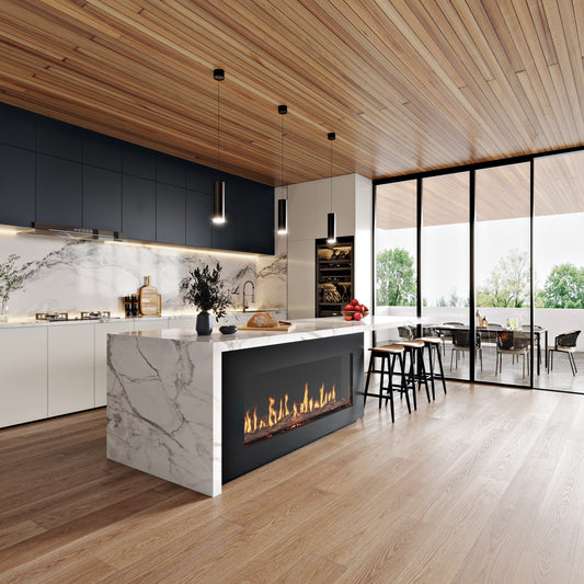 EcoSmart Fire Motion single-sided electric fireplace kitchen installation inspiration