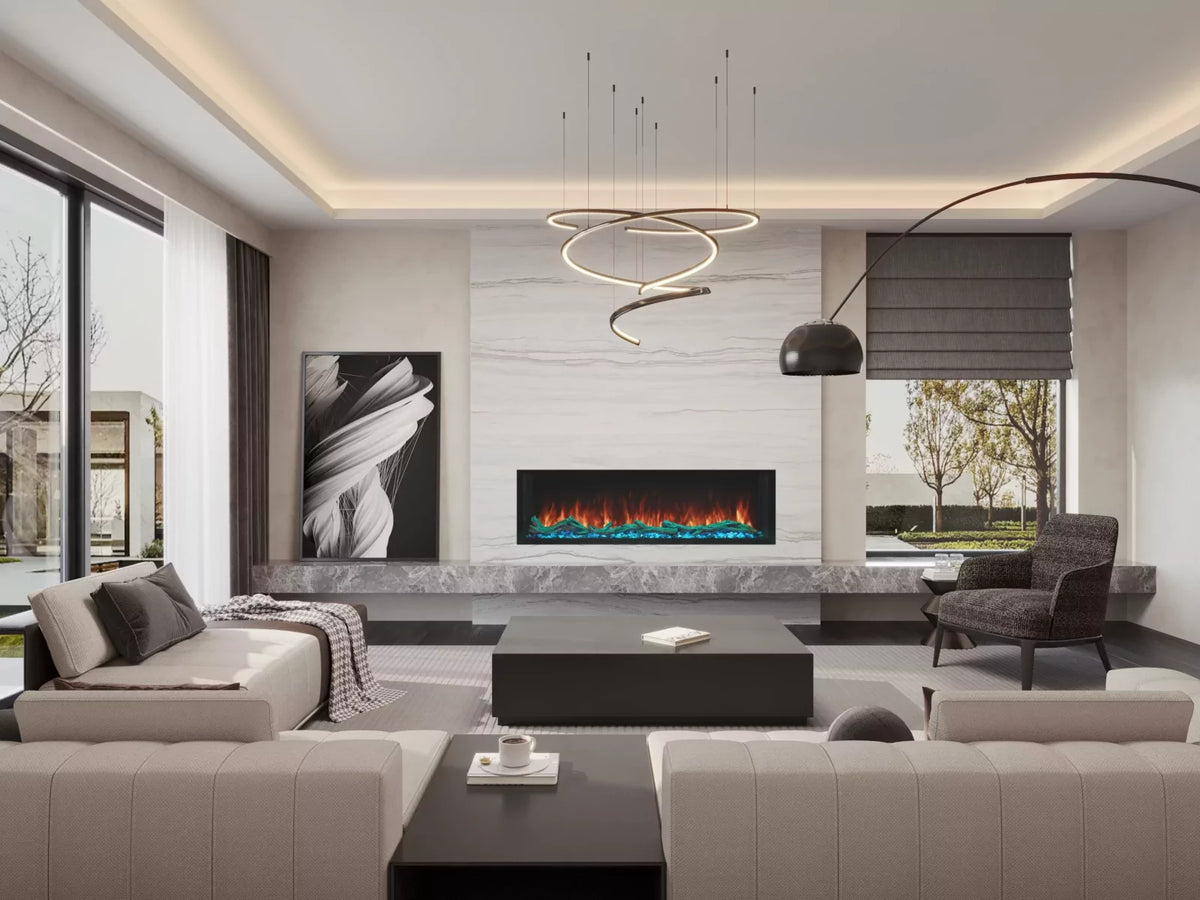 EcoSmart Fire Switch electric fireplace single sided living room installation inspiration