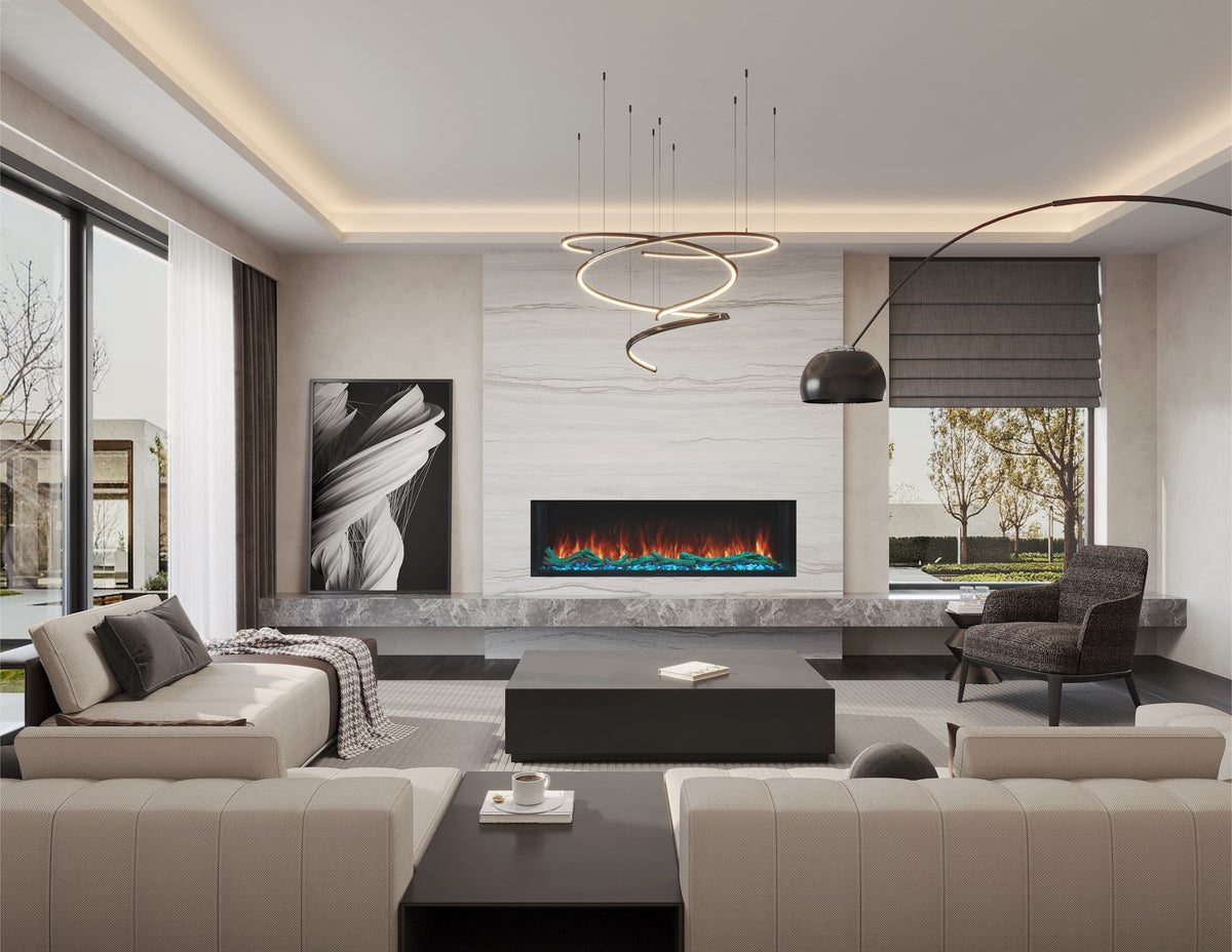 EcoSmart Fire Switch 56 single-sided electric fireplace in a modern living room