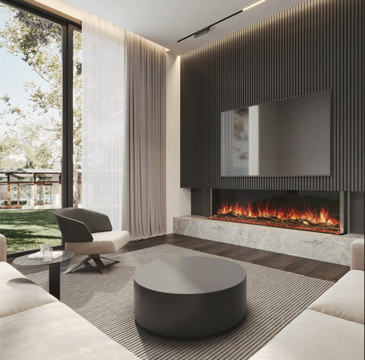 EcoSmart Fire Switch 68 bay electric fireplace in a modern living room