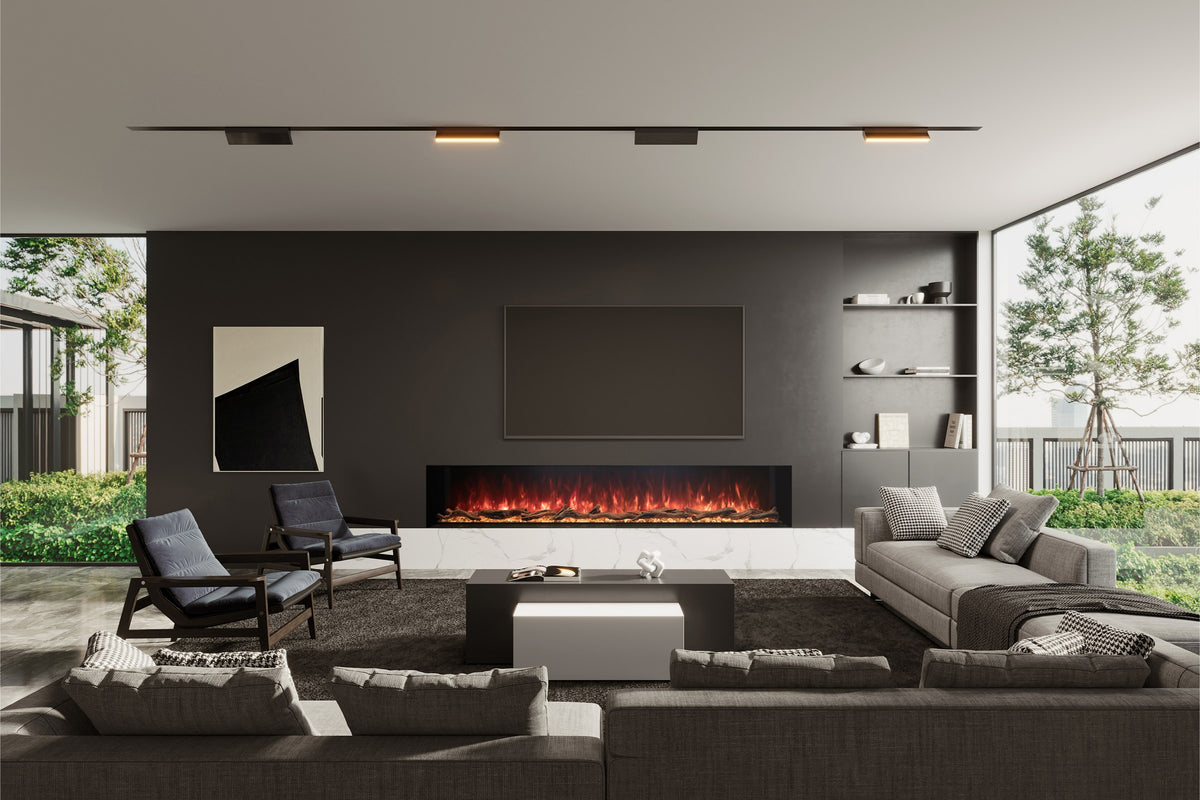 EcoSmart Fire Switch 96 single-sided electric fireplace in a modern living room
