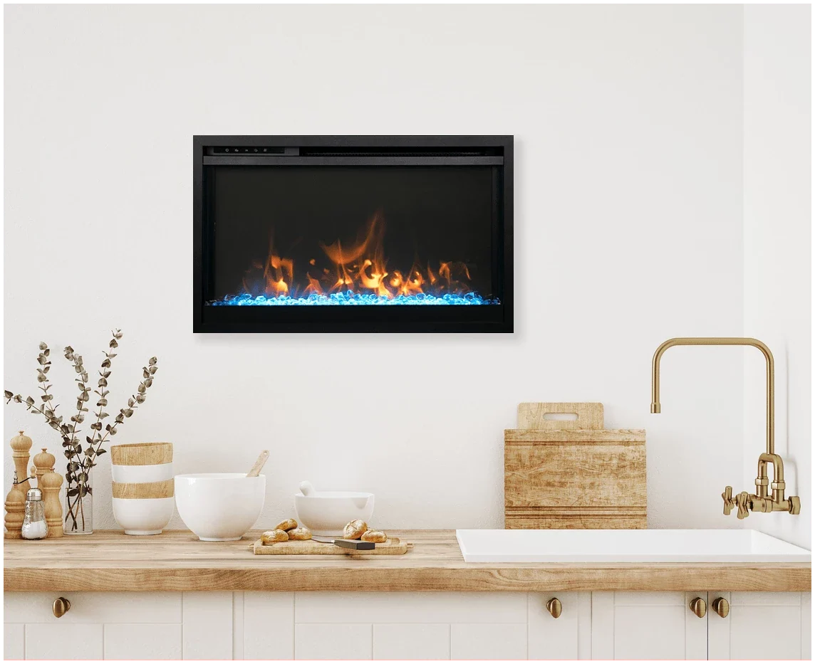 Remii Classic Slim series electric fireplace in a bright kitchen setting