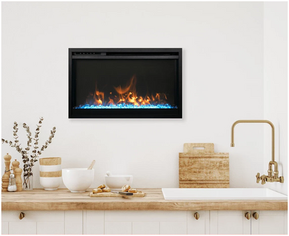 Remii Classic Slim series electric fireplace in a bright kitchen setting