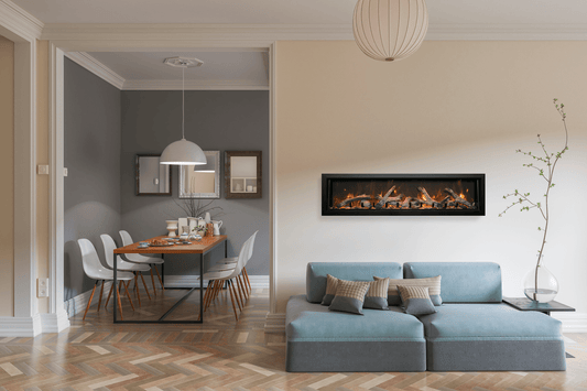 Remii DEEP series electric fireplace with optional rustic media