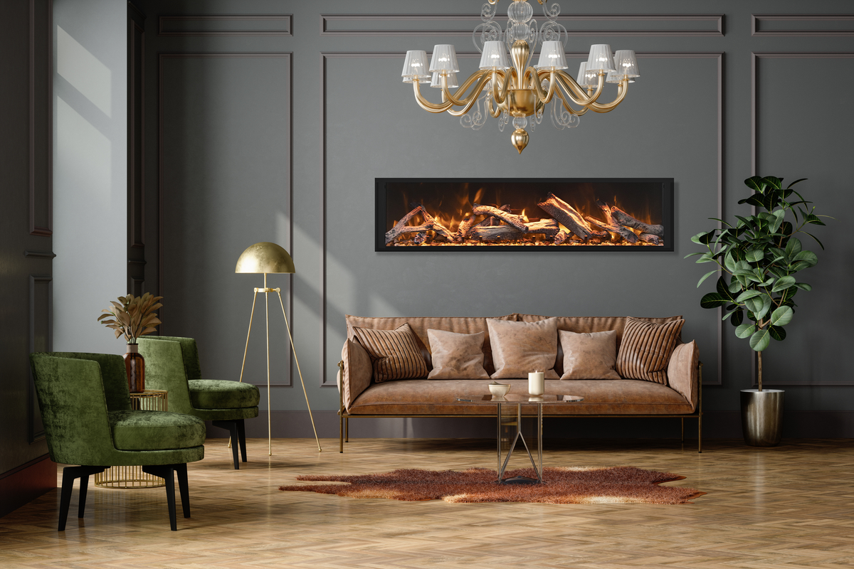 Remii Extra Tall series fireplace in a dark paneled living room with brown sofa