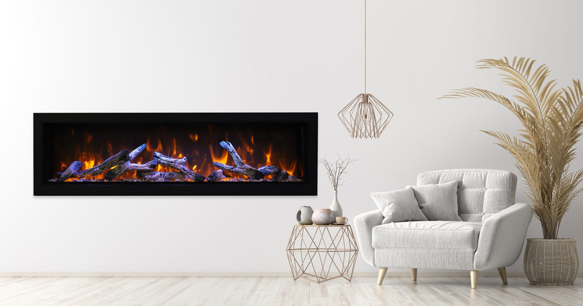 Remii Extra Tall series fireplace in a bright room with an accent chair