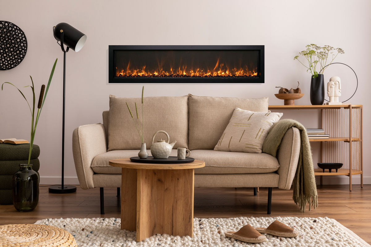 Remii Extra Slim series electric fireplace above a living room console