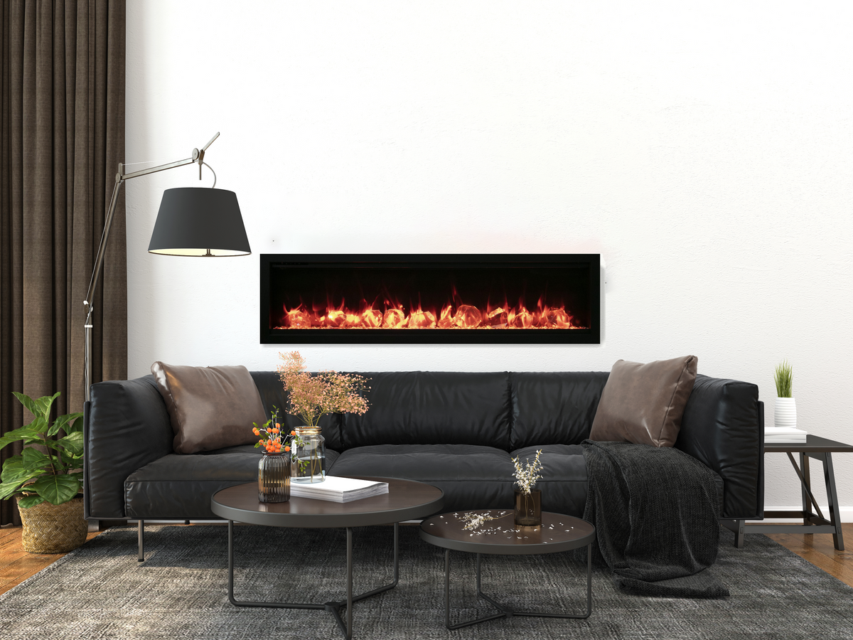 Remii Extra Slim series electric fireplace above a sofa